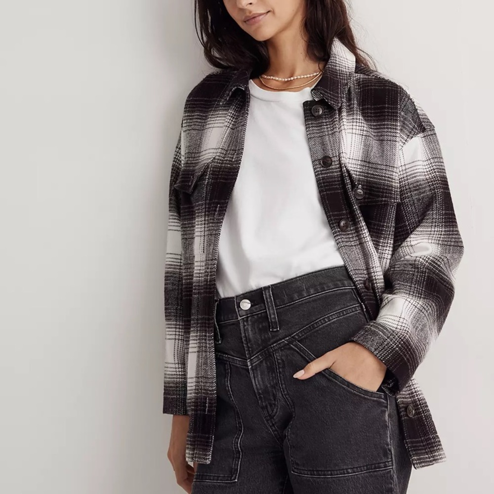 Madewell Twill Flannel Shirt-Jacket Shacket in Windowpane Plaid, size S, EUC